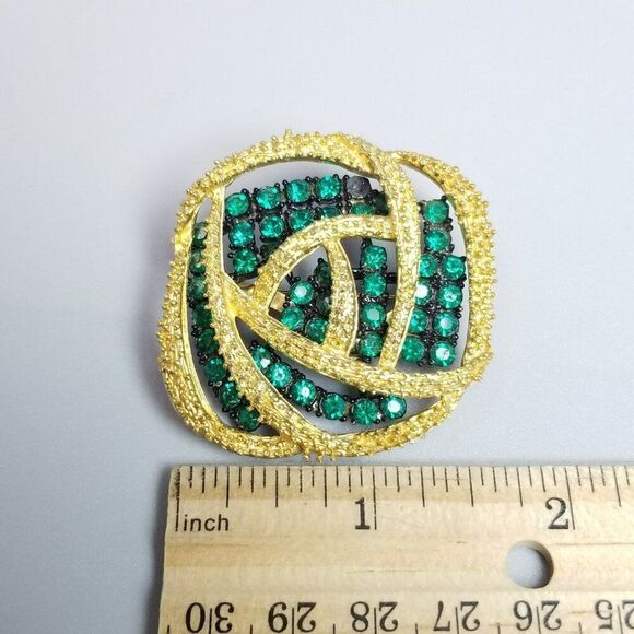 Vintage Green Rhinestone and Gold Tone Modernist Style Brooch Lapel Pin, Retro - Picture 5 of 6